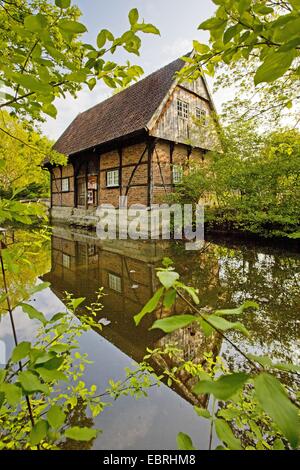 Fachwerkhaus am Wasser Graben im Freilichtmuseum Muehlenhof, Europa, Deutschland, Nordrhein-Westfalen, Münsterland Stockfoto