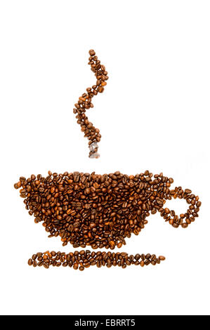 Bildung einer dampfenden Tasse Kaffee Kaffeebohnen Stockfoto