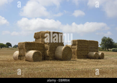 Traktor gemacht von Strohballen auf Stoppelfeld, Frankreich, Bretagne Stockfoto