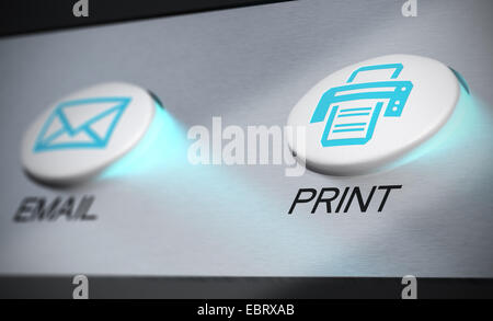 Blaue Schaltfläche Drucken über Aluminium Hintergrund, Drucker Konzept. Stockfoto