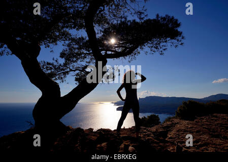 Aleppo-Kiefer (Pinus Halepensis), Frau bewundert die Aussicht auf das Mittelmeer in die Calanques bei Cassis, Frankreich, Provence, Bouches du Rhone, Calanques Nationalpark Stockfoto