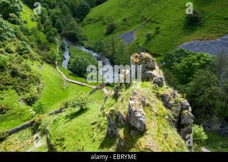 Blickte auf dem Fußweg an der Kreuzung der Wolfscote Dale und Biggin Dale in der Peak-District-Derbyshire. Sommergrüns. Stockfoto