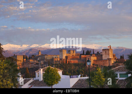 Ansicht vom Teil der Stadt AlbaicÝ¡n auf die Alhambra und die Sierra Nevada, Spanien, Andalusien, Granada Stockfoto