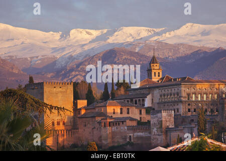 Ansicht vom Teil der Stadt AlbaicÝ¡n auf die Alhambra und die Sierra Nevada, Spanien, Andalusien, Granada Stockfoto