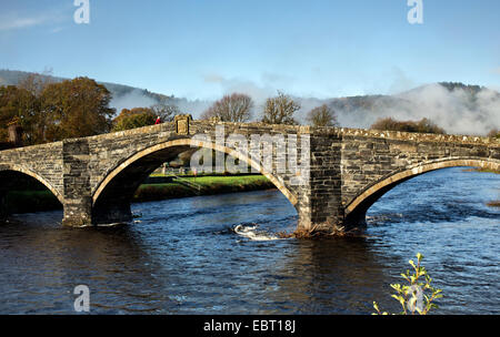 Herbstnebel über Pont Fawr Brücke drei gewölbte steinerne Brücke über Fluss Conwy am Llanwrst Snowdonia National Park Gwynedd Stockfoto