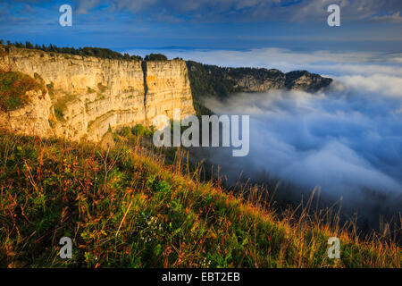 Creux du Van im Neuenburger Jura bei Sonnenaufgang, der Schweiz, Neuenburg Stockfoto