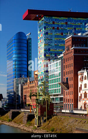 unterschiedliche Fassaden von Bürogebäuden in den Medien Hafen, Deutschland, Nordrhein-Westfalen, Düsseldorf Stockfoto