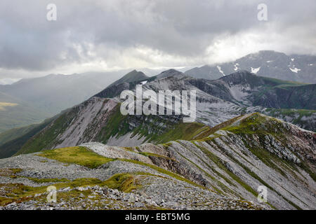 Blick vom Stob Chor Claurigh auf grau Hochgebirgsflora mit Stob Coire eine Laoigh Und Sgurr Choinnich Mor, Aonach Beag im Hintergrund, Großbritannien, Schottland, Schottisches Hochland Stockfoto