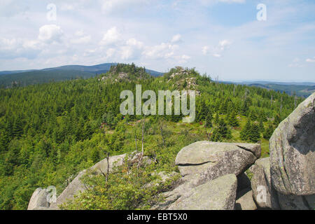 Blick vom Hohne Klippen zum Brocken, Deutschland, Sachsen-Anhalt, Harz Stockfoto