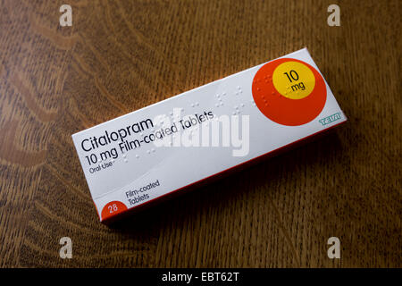 Schachtel mit Citalopram 10 mg Film Filmtabletten. Stockfoto