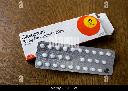 Schachtel mit Citalopram 10 mg Film Filmtabletten. Stockfoto