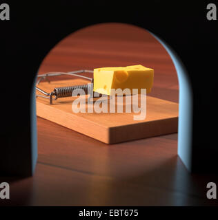 Suchen Sie aus dem Loch, die Mausefalle mit Käse quer durch die Wand. Stockfoto