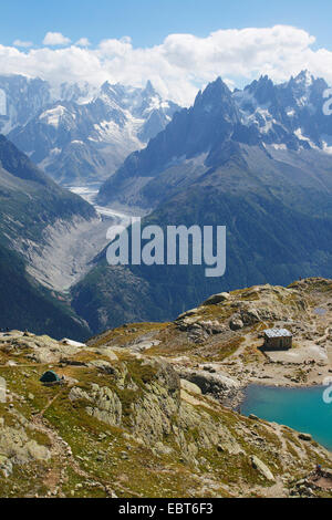 Gletscher Mer de Glace, Dent du G Ameise, Aiguille du Grandes Charmoz, Lac Blanc, Frankreich Stockfoto