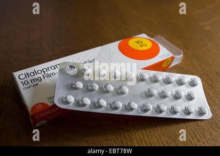 Schachtel mit Citalopram 10 mg Film Filmtabletten. Stockfoto