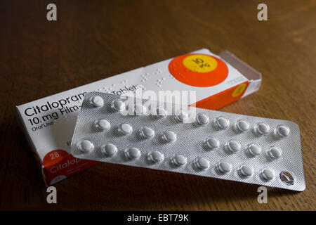 Schachtel mit Citalopram 10 mg Film Filmtabletten. Stockfoto