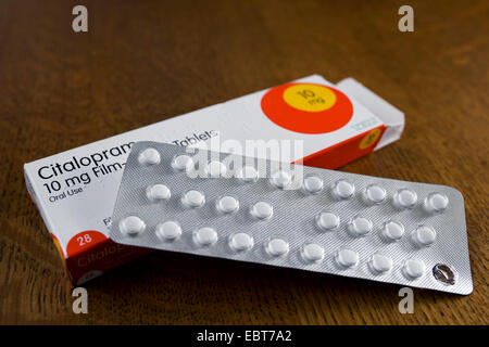 Schachtel mit Citalopram 10 mg Film Filmtabletten. Stockfoto