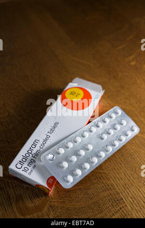 Schachtel mit Citalopram 10 mg Film Filmtabletten. Stockfoto