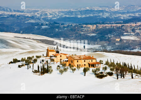 Bauernhaus in der tief verschneiten Landschaft umgeben von Zypressen, Italien, Toskana, Pienza Stockfoto