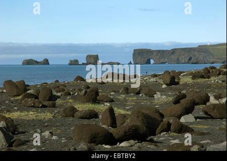 Blick vom Boulder Strand am Kap Dyrhólaey und der Norden Atlantik, Island Stockfoto