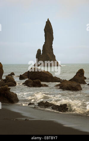Bucht mit Sandstrand und Felsen und einer bizarren Felsen Nadel, Island, Reynisfjara, Vik ich Myrdal Stockfoto