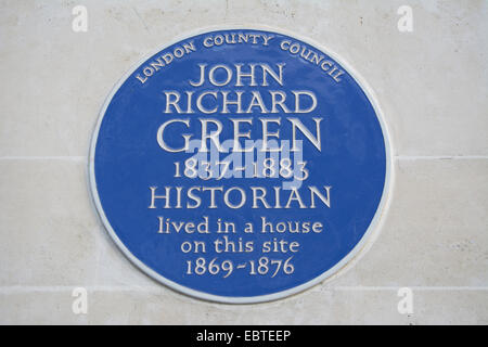 London Grafschaftsrat blaue Plakette Kennzeichnung der Website eines Hauses von 19. Jahrhundert Historiker John Richard Green Stockfoto