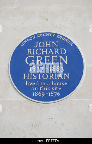 London Grafschaftsrat blaue Plakette Kennzeichnung der Website eines Hauses von 19. Jahrhundert Historiker John Richard Green Stockfoto