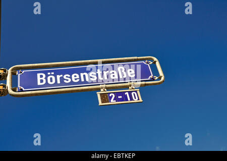 Typenschild Börsenstraße 2-10, Rue de Börse, in der finanziellen Bezirk von Frankfurt/Main, Deutschland, Hessen, Frankfurt/Main Stockfoto