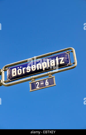 Typenschild Strassenschild Boersenplatz 2-6, Rue de Börse, in der finanziellen Bezirk von Frankfurt/Main, Deutschland, Hessen, Frankfurt/Main Stockfoto