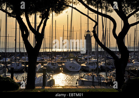 Marina und Leuchtturm bei Gegenlicht, Gardasee, Lombardei, Italien, Sirmione Stockfoto