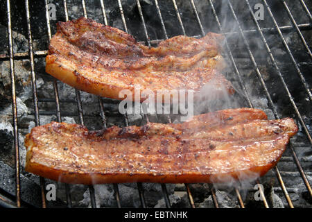 Schweinebauch auf einem Holzkohle-Grill, Deutschland, Nordrhein-Westfalen Stockfoto