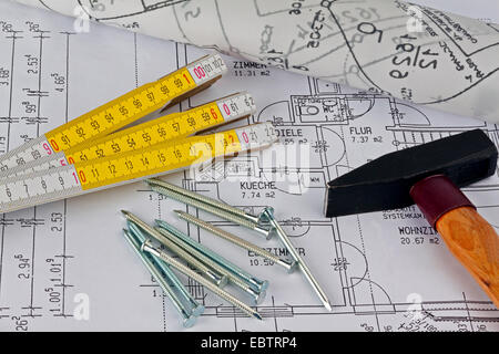 Bauplan für ein Haus, Zeichnungen und Entwürfe des Architekten Stockfoto