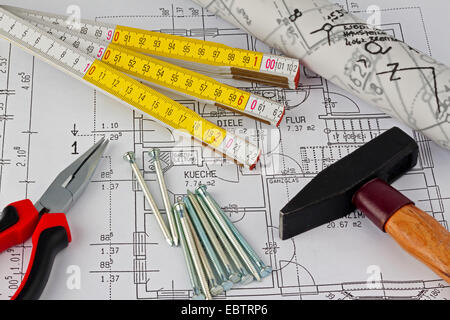 Bauplan für ein Haus, Zeichnungen und Entwürfe des Architekten Stockfoto