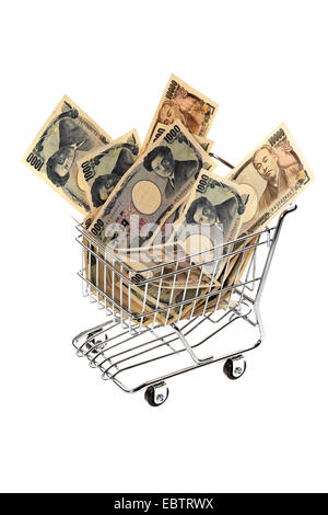 Yen-Banknoten in einen Einkaufswagen, Japan Stockfoto