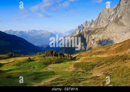 Blick von einer Bergwiese auf der Wellhorns und der Engelhoerner, Schweiz Stockfoto