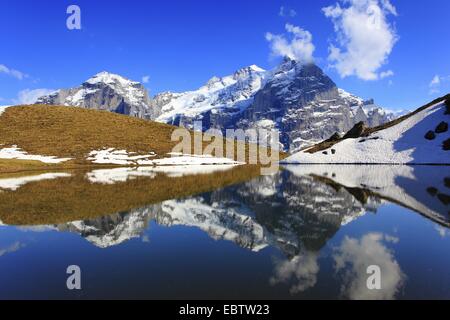 Blick über Bergsee im Reichenbachtal in den verschneiten Bergen Wellhorns und Wetterhorn, Schweiz, Bern, Rosenlauital, Berner Oberland Stockfoto