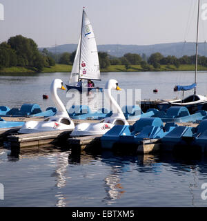 Segelboote und Pedal Schwan geformt Boote am Bootssteg in Heveney am Kemnader See, Kemnader See, Witten, Deutschland, Nordrhein-Westfalen, Ruhrgebiet Stockfoto