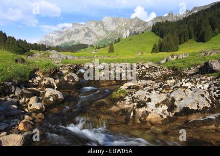 Blick von einer Bergwiese mit einem Bach im Alpstein-massiv mit dem höchsten Berg Säntis (2502 m), Schweiz Stockfoto