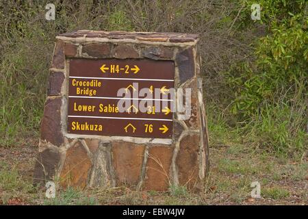 Verkehrszeichen im Kruger National Park, Südafrika, Limpopo, Krüger National Park Stockfoto