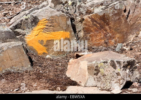 gelbe Wegweiser Molinaseca, Spanien, Leon, Kastilien, Riego de Ambros Stockfoto