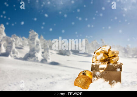 Weihnachtsschmuck und Geschenk boxin Front des Schnees kauerte Kiefern Stockfoto