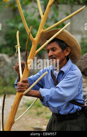 ältere Menschen machen eine Garderobe aus einem jungen Baum, Guatemala, Atitlan See Stockfoto