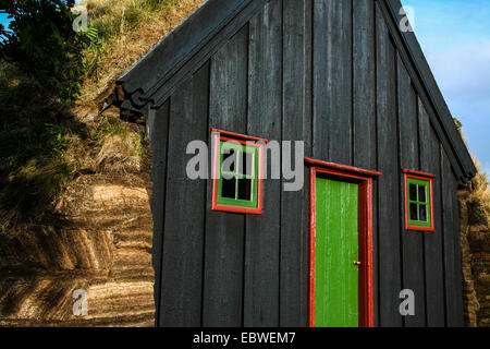 Vidimyrarkirkja, Vidimyri Rasen Kirche Nahaufnahme, grüne Farbe Haustür, rote Verkleidung, Skagafjordur, Varmahlid, Island, Europa, POV kirkja FS11,52 MB Stockfoto