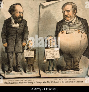 Eine schwache Ticket im Feld- und eine schwächere erwartet--wenn die Republikaner schwach an Chicago gemacht haben, was wir von den Demokraten an Cincinnati erwarten kann? Politische Karikatur zeigt James A. Garfield und Chester Arthur stehen auf der linken Seite und Tilden und David Davis stehen auf der rechten Seite. 1880 Präsidentschaftswahl Stockfoto