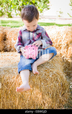 Süße junge gemischte Rennen Junge sitzt auf Heuballen rosa Sparschwein Münzen Inbetriebnahme. Stockfoto