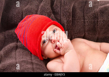 Baby Boy über braune Decke auf weißem Hintergrund Stockfoto