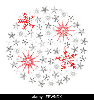 Abbildung von Weihnachten Snowflake isoliert auf weißem Hintergrund und voller kleiner grau und vier größere rot Schneeflocken Stockfoto