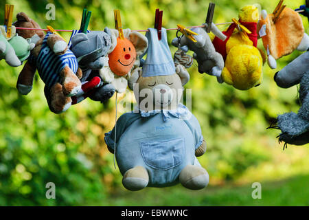 gewaschen Stofftiere hängt an einer Wäscheleine, Deutschland Stockfoto