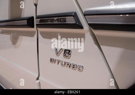Detail der Mercedes AMG V8 Bi-Turbo auf der Genfer International Motor Show 2014 Stockfoto