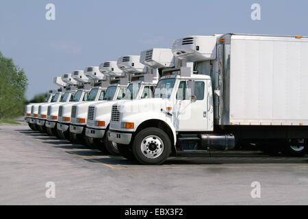 acht Idenentical-LKW in einer Reihe nebeneinander Stockfoto