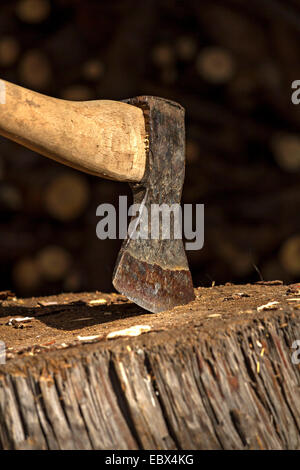 Kleine Axt, eingebettet in einen hölzernen Hackstock Stockfoto